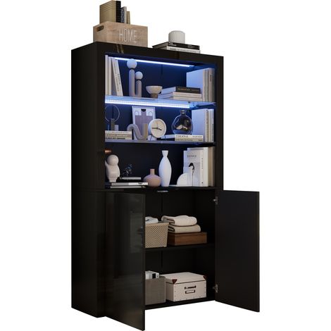 Vitrine mit 2 Türen, 3 Fächern und LED per App, Hochglanzfront, für Wohnzimmer, aus MDF und Glas, 100×35×170 cm, Schwarz (1/5)