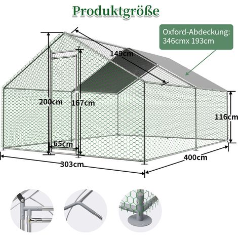 Enclos métallique 3x4x2m avec verrou sécurisé et bâche imperméable PE, enclos extérieur pour poules, lapins et petits animaux (1/5)