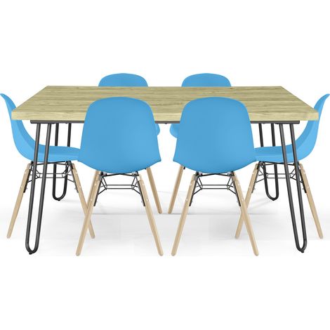 Pack Tavolo Hairpin (90x150 cm) + 6 Sedie da Pranzo Nordic Skögur Blu