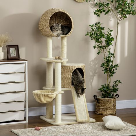 Albero tiragraffi con casa in rattan, amaca, rampa e piattaforme, beige, 60 x 60 x 150 cm (1/5)