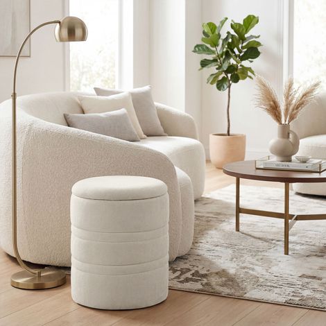 Pouf rangement chenille couvercle tabouret rond salon chambre beige. Pouf de rangement pour votre salon ou chambre, doux et pratique. (1/5)