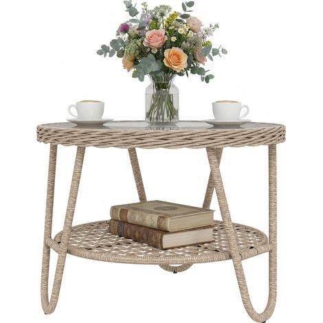 Table jardin ratán mesa auxiliaire avec étagère plateau verre trempé 65x65x50 cm jaune