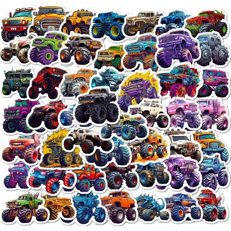 100 Monster-Truck-Aufkleber: Cartoon-Autos, Bigfoot-Trucks, Fahrzeug-Doodles, coole Aufkleber für Notizbücher, Kühlschränke, Koffer, wasserfeste Aufkleber, Weihnachtsgeschenke