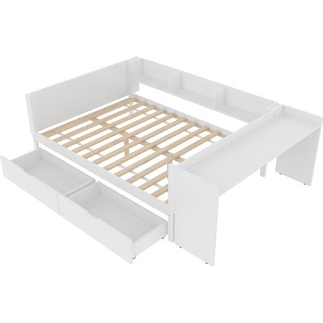 Cama alta con escritorio 140x200 cm blanca de pino y tablero aglomerado (1/5)