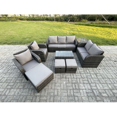 Fimous Ensembles de meubles de jardin 10 places Ensemble de canapés en rotin avec Table basse rectangulaire Chaise inclinable Canapé d'amour Table d'appoint 3 Tabourets (1/5)