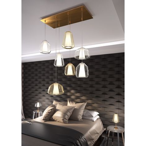 Lampadario Contemporaneo Double Skin Metallo Ottone Vetro Trasp-Ambra 7 Luci E27