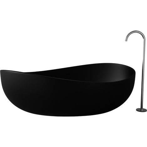 BERNSTEIN - Grande Baignoire îlot moderne fonte minérale salle de bain avec bonde et trop plein - 180x110x62cm - WAVE - Noir mat