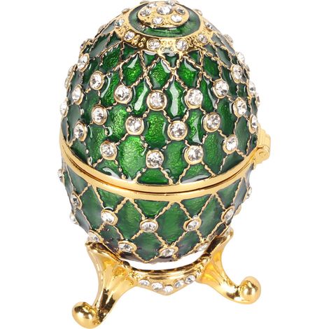 Boîte à bijoux en forme d'œuf, en alliage de zinc, ornée de strass scintillants. Élégante et raffinée, elle est idéale pour ranger vos bijoux à la maison ou au bureau. Verte. (1/5)