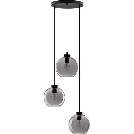 Merano Kamloops Plafonnier suspendu à 3 lumières en verre fumé avec cordon noir et base en métal noir LED E27