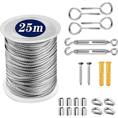 Ensemble de corde métallique multifonctionnelle en 1 pièce, corde de levage en acier inoxydable, corde de tente, corde à linge, kit de corde pour rambarde (25 mètres),OUYLAF