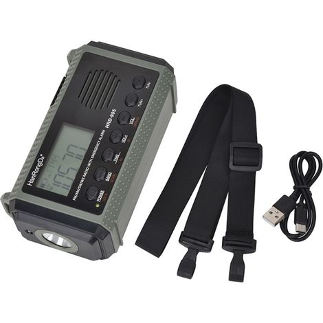 Radio multibande HanRongDa HRD-905 AM/FM/SW/WB, radio d'urgence extérieure avec alarme SOS, lampe torche, lampe de lecture, alimentation solaire, manivelle et chargeur USB-C (1/5)
