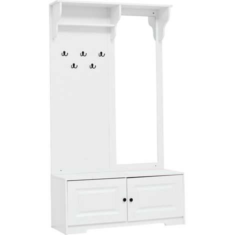Mobile ingresso con specchio e scarpiera 100x40x180 cm MDF bianco con 5 ganci e 2 ante (1/5)