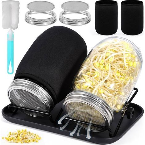 KLVGTIFS PU - Pots de germination, 2 pots Mason de 1000 ml avec couvercles en acier inoxydable 304, plateau, support, toile d'ombrage et brosse. (1/5)
