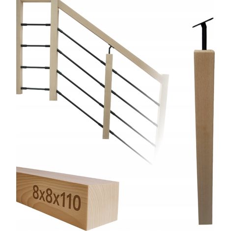 Poteau en bois - 8 x 8 x 110 cm - Hêtre - Kit de montage complet - Idéal pour garde-corps ajustables