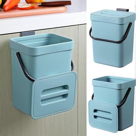 Composteur de cuisine, petite poubelle suspendue avec couvercle hermétique, 5 litres, composteur mural pour cuisine/salle de bain/camping-car (bleu)