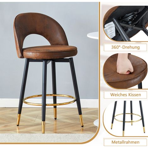 Tabouret de bar pivotant 360°, tissu technique brun respirant et confortable, siège rembourré moelleux pour bar, salle à manger, cuisine, terrasse, lot de 2. (1/5)