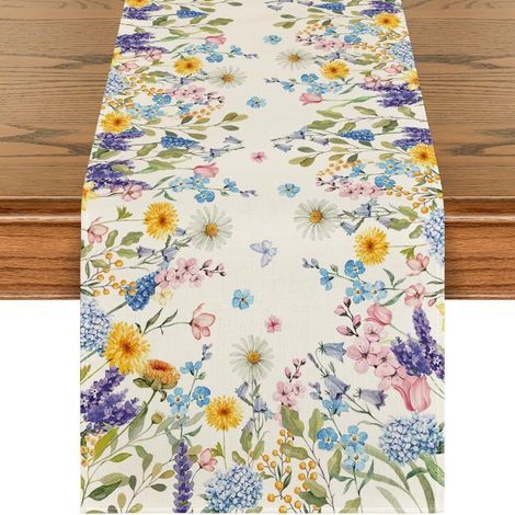 Chemin de table - Chemin de table fleuri - Chemin de table de Pâques - Lin de haute qualité - Décoration de table printanière pour la cuisine, la salle à manger ou les fêtes - 33 x 183 cm - Marguerite (1/4)