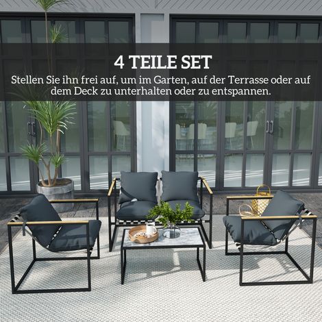 Ensemble salon de jardin 4 pièces : 2 fauteuils, canapé 2 places et table, structure acier et tissu polyester gris. (1/4)