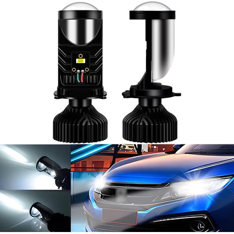 2Pcs Ampoule de phare H4 avec lentille, 9-32V 16000LM 100W Lentille de projecteur Ampoules de phares à LED Hi/Lo Beam blanc froid à haute luminosité pour voitures et motos (1/5)