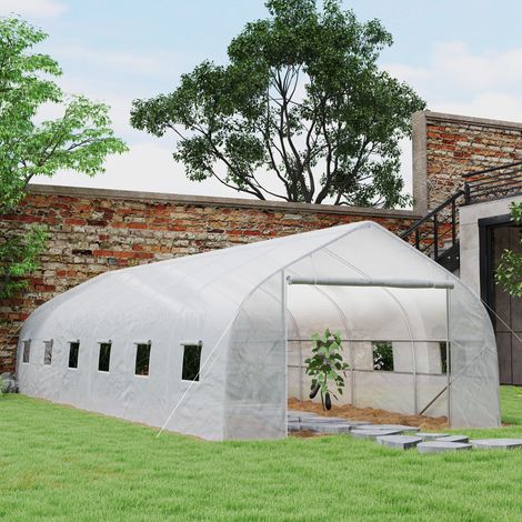 Serre de jardin tunnel grande taille avec bâche PE cadre en acier porte enroulable et 12 fenêtres 8 x 3 x 2 m blanc (1/5)