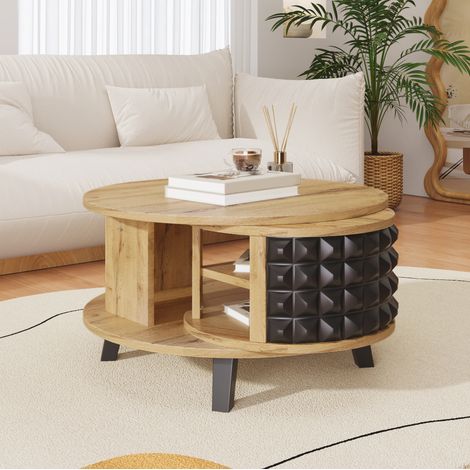 Mesa de centro giratoria 85,2x80x45,2 cm en madera natural, salón moderno FloraGrace (1/5)
