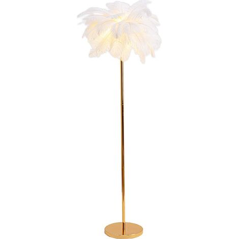Lampadaire en Plumes d'Autruche Naturelles - Corps Doré, 3 Couleurs à Intensité Variable