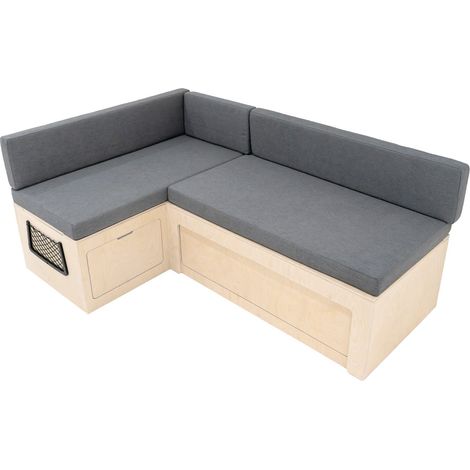 Canapé-Lit en forme de L, Bois de bouleau pour Camping-Car Rangement sous banc 2 filets rangement, Compatibilité avec plusieurs véhicules, 180cm x 120 cm [Coussins, Matelas & Fixations INCLUS].