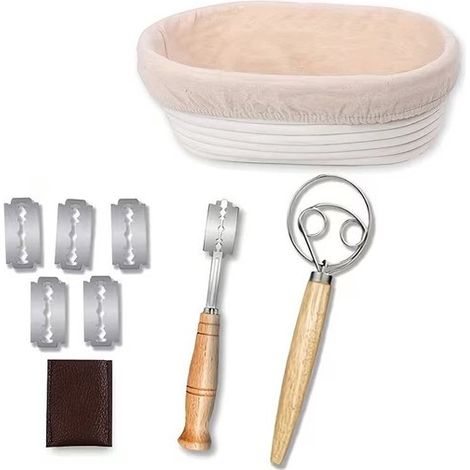 Set completo di cestino ovale in silicone per la lievitazione del pane, con mescolatore per impasto, affettatrice e 5 lame di ricambio, tutto in uno per la panificazione casalinga con lievito madre. (1/4)