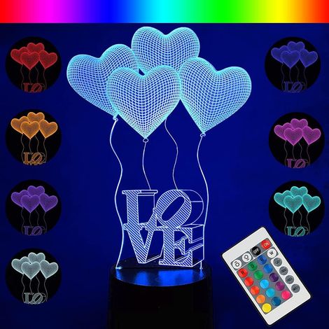 3D-Herz-Illusions-Nachtlicht LOVE, romantische LED-Herzlampe mit 16 Farben, Fernbedienung und Touch-Schalter, Geburtstags- oder Valentinstagsgeschenk für Freundin/Ehefrau [Energieklasse F]