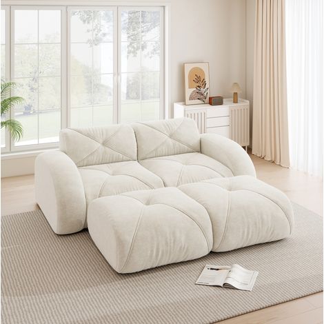 Canapé 2 places modulare in chenille bianco con 2 pouf, senza telaio, componibile, senza montaggio (1/5)