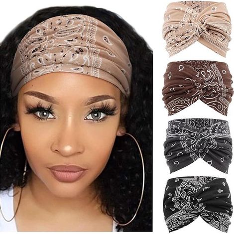 Ensemble de quatre bandeaux bohèmes pour femme, imprimé rétro, nœuds croisés, accessoire pour cheveux élastique, grande taille. Prix de l'ensemble : 19 (1/5)