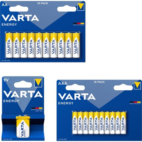 Juego de pilas alcalinas Varta energy AAA (10 unidades), AA (10 unidades) y PP3 (1 unidad) (1/5)