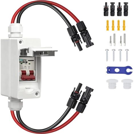 Disjoncteur et interrupteur d'isolement CC pour système photovoltaïque, 2 pôles, 32 A, 500 V CC, avec câble, étanche IP65, modèle DZ47X.
