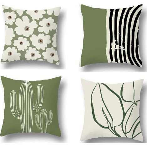 Housse de Coussin 45x45 cm, Lot de 4 décoratives pour canapé Ligne de Fleurs fraîches Modernes Vert Blanc Beige Lavable Lin Textile extérieur Taie d'oreiller (1/5)