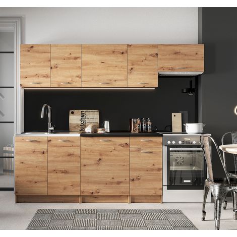 Pegane – Cuisine complète 7 éléments chêne artisan avec plan de travail noir 28mm – Longueur 180/240 cm – Meubles en kit (1/5)
