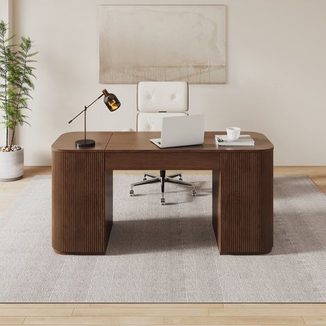 Bureau debout moderne en noyer, plateau relevable ergonomique avec 4 armoires, parfait pour bureau à domicile