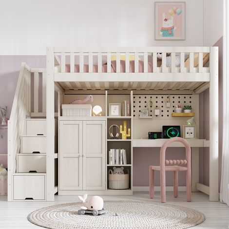 Lit mezzanine enfant 90x200cm bureau armoire penderie étagères USB sommier gain de place design blanc (sans Matelas)