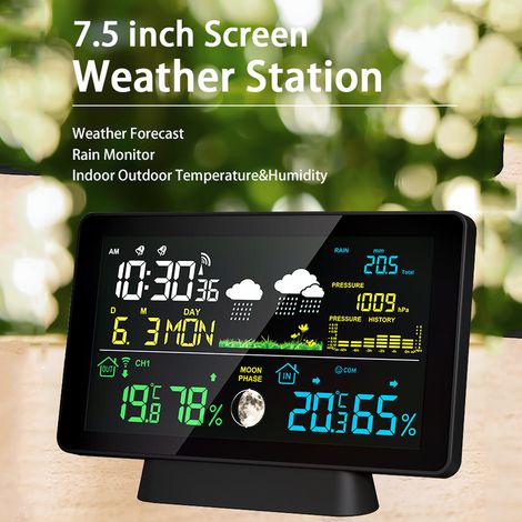Station météo écran 7.5", température/humidité intérieur/extérieur, pression, phase lune, réveil double, prise EU
