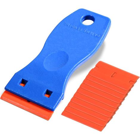 Grattoirs, Verre Grattoir Vitrocéramique Plaque Grattoir avec 10 raclettes de en plastique, pour enlever les étiquettes, a colle, la peintureAutocollants et décalcomanies, bleu (1/5)