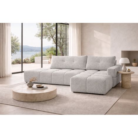 Divano angolare destro BUSSO in bouclé bianco – apertura rapida, funzione letto tipo BUBLE, contenitore (1/5)