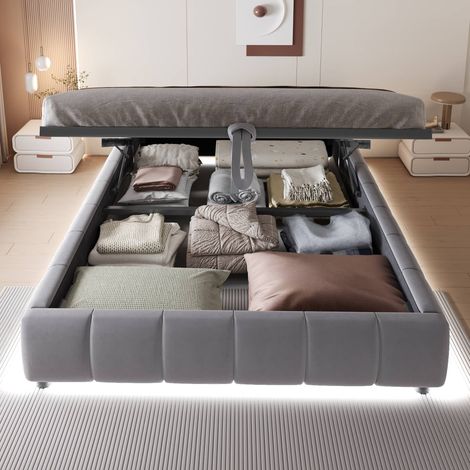 Lit coffre 140x200 cm sans tête de lit avec LED, sommier inclus, cadre de lit rembourré hydraulique gris, rangement sous lit, sans matelas (1/5)
