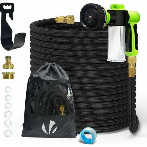 Tuyau d'arrosage extensible Vounot – 30 m – 8 jets – Réservoir de savon intégré – Raccords 1/2" et 3/4" inclus (1/5)