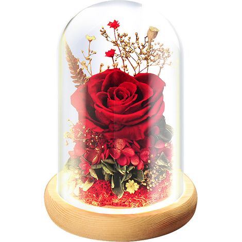 Roses artificielles avec LED et socle en bois, dôme en verre, pour la décoration et les cadeaux (Noël, Saint-Valentin). (1/4)