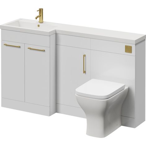Napoli 390 Gloss White 1500mm 3 Door Vanity Unit Toilet Suite with Left Hand Square Lucia Basin - 1500mm - Brushed Brass 160mm HandleWith Kingston Toilet Pan and Seat