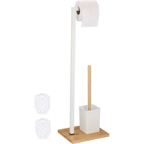 Relaxdays WC Garnitur, stehender Klopapierhalter, Toilettenbürste mit Bürstenhalter, Edelstahl & Bambus, weiß/natur