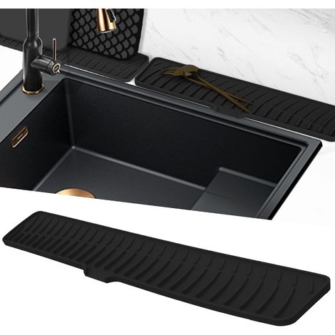 Tapis Égouttoir Étroits, Tapis de Robinet en Silicone, Tampon de Sechage Evier, Tapis de Protection de Drainage, Tampon Egouttoir Vaisselle pour Cuisine, Salle de Bain (Noir, 60 cm) (1/5)