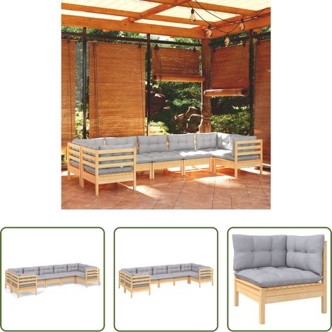 Holzgartenmöbel - 7-tlg. Garten-Lounge-Set mit Grauen Kissen Kiefernholz (1/5)