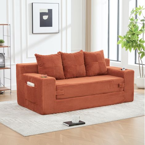 Divano modulare 172x87x64 cm 2 posti, salvaspazio, con portabicchieri e tasche laterali, velluto - arancione (1/5)