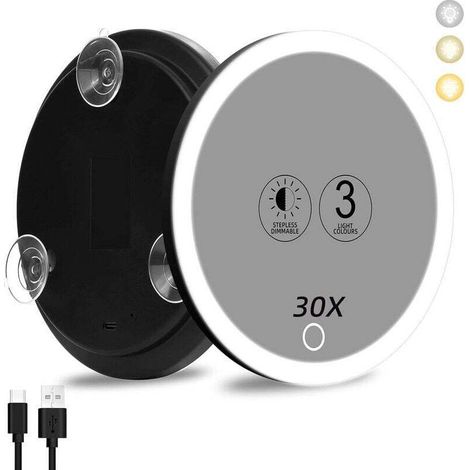 Miroir grossissant 30x avec lumière, Grand Miroir 10cm 3 Couleurs avec éclairage tamisé 30x avec 3 ventouses, grossissant 30x (1/4)