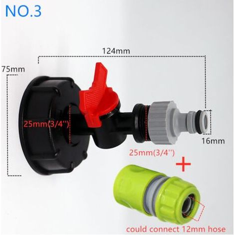 Robinet Cuve 1000L Avec Adaptateur Robinet Tuyau Arrosage, IBC Raccord Robinet, Robinet de Jardin pour Recuperateur Eau de Pluie (Adaptateur en plastique 3/4") (valve de dérivation avec tétine + conne (1/4)